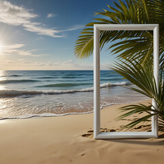 Tropical Beach View Through Vertical White Frame