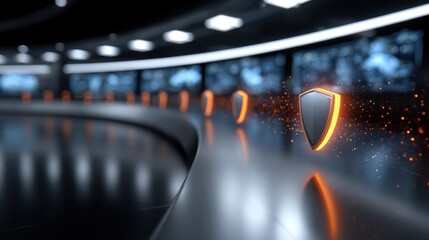 Futuristic digital shield icons with glowing orange edges floating in a sleek, curved, high-tech control room with dim lighting and multiple screens.
