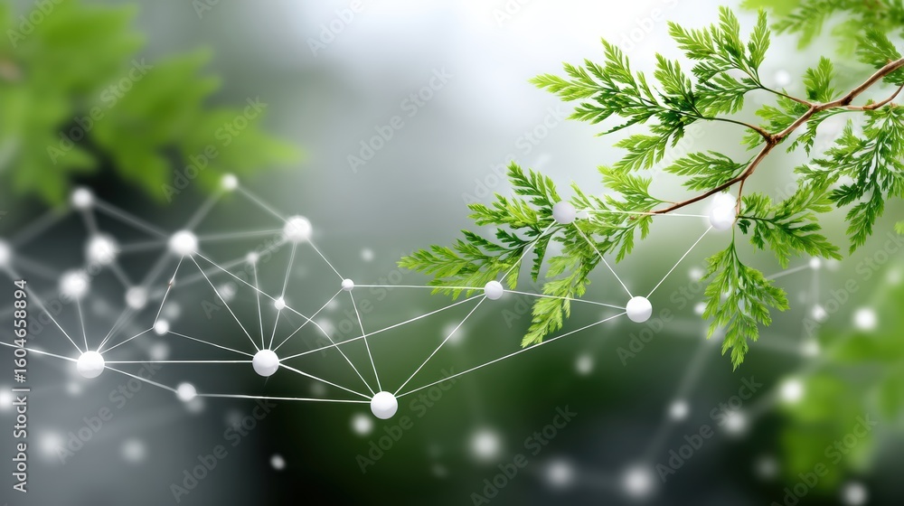 Poster a green branch with leaves is connected by a network of white nodes and lines, symbolizing nature an