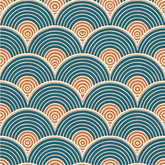 Seamless Japanese Wave Pattern with Concentric Circles, Retro Art Deco Style, EPS Vector