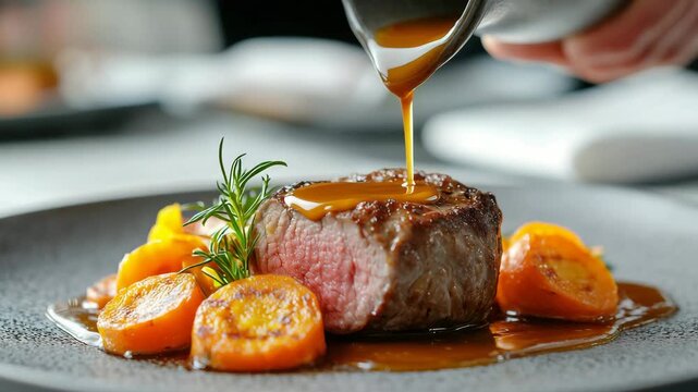 A dedicated chef delicately pours a rich, flavorful sauce over a beautifully plated gourmet dish. Vibrant vegetables accompany the main ingredient, showcasing culinary artistry.