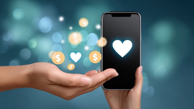 A hand holds a smartphone displaying a glowing heart, with floating dollar signs and hearts symbolizing digital love and online transactions.
