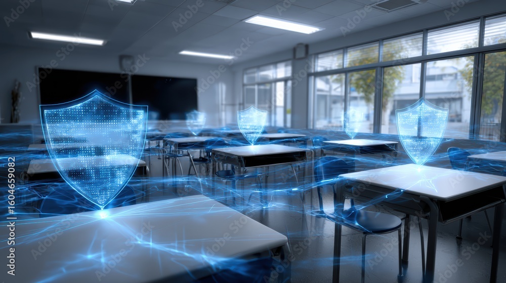 Poster a modern classroom empty of students, featuring digital shield icons symbolizing cybersecurity and p