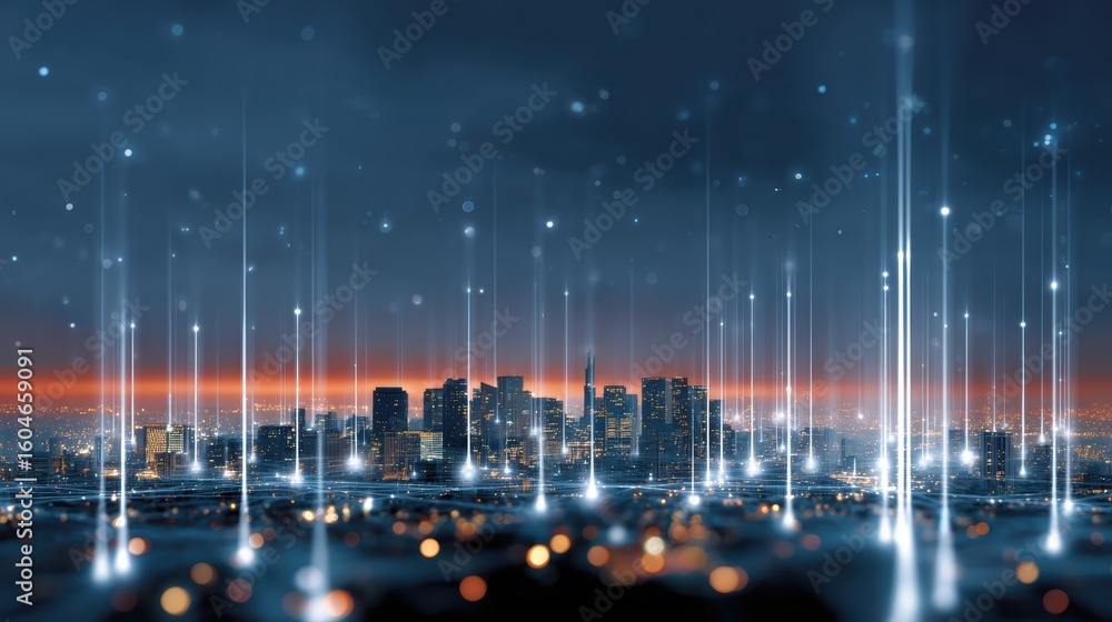 Poster a futuristic city skyline at night illuminated with digital light beams and glowing data points symb
