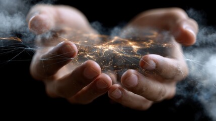 Hands gently cradle a glowing network of interconnected lights and lines, symbolizing global connectivity and technology.