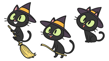 Fototapeta premium Three cartoon black cats wearing witch hats and with one cat riding a broomstick in halloween style