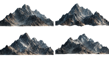 Four majestic mountain peaks isolated on white showcasing their rugged beauty and imposing presence against a clean backdrop isolated on transparent background