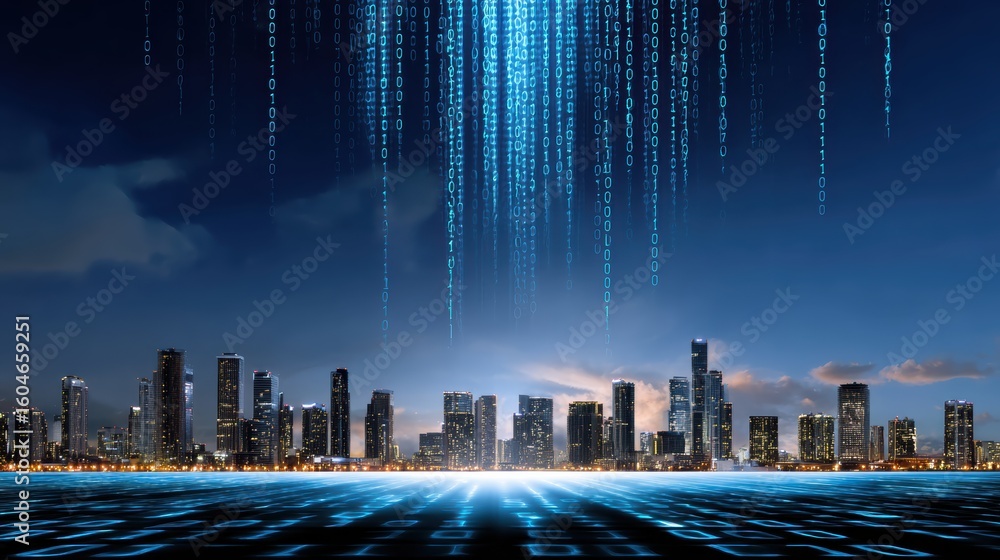 Poster futuristic city skyline at night with glowing digital binary codes falling from the sky over a high-