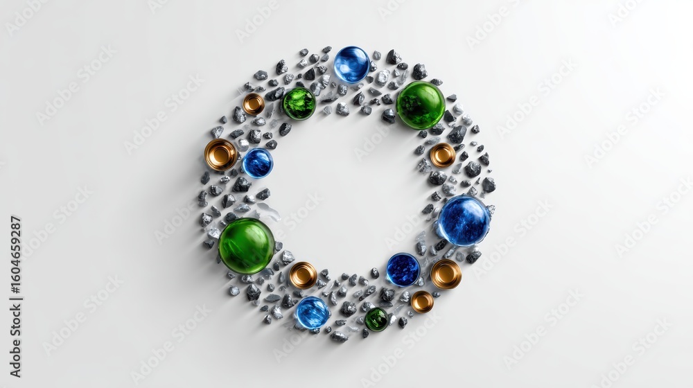 Poster a circular arrangement of colorful glass spheres and metallic elements on a white background, creati