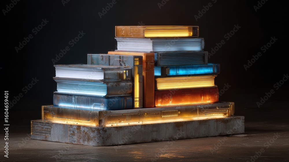 Poster a stack of variously sized and colored books illuminated against a dark background, highlighting the