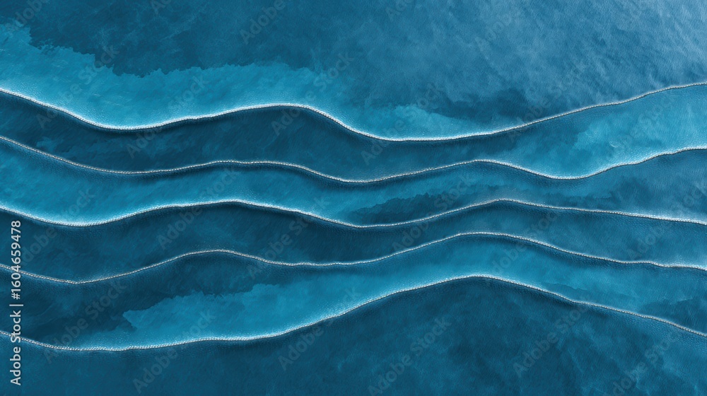 Poster aerial view of layered ocean waves creating textured, wavy patterns in varying shades of blue.