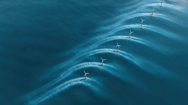 Aerial view of a line of wind turbines in the ocean creating ripples in the water at sunrise or sunset.