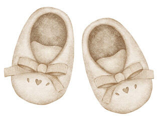Adorable beige infant shoes painted in soft watercolor. A sweet, minimal concept for child fashion or nursery decor. Ideal for blogs or baby shower invitations.