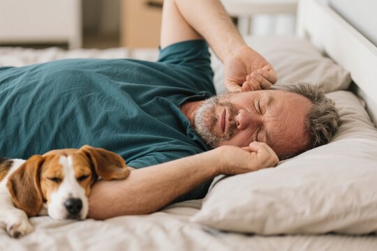 Middle-aged white man snoring on his back, dog covering ears next to h… - Powered by Adobe