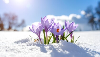 spring purple crocus flowers in snow with sunlight