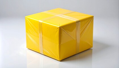 Fototapeta premium Bright yellow box wrapped in clear plastic tape