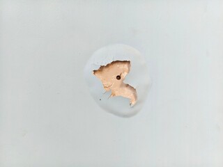 damaged walls with peeling paint and plaster and small nail or screw heads in the exposed areas
