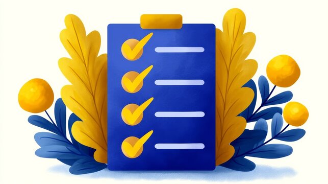 recommend clip art: Vibrant Blue Checklist with Golden Checkmarks and Colorful Foliage Representing Task Completion and Organization