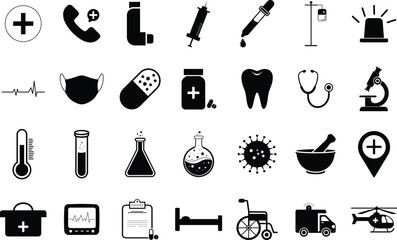 Medical and Healthcare Icon Bundle, Vector Symbols for Hospital, Emergency, and Treatment Services