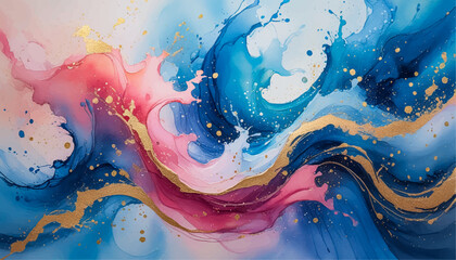 Abstract fluid art texture featuring swirling pink, blue and gold hues
