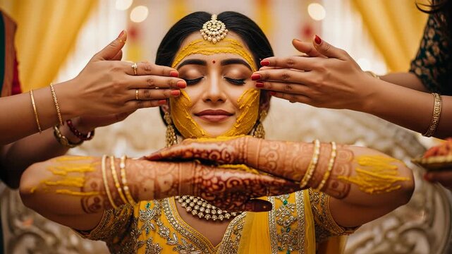 Indian bride experiences traditional Haldi ceremony with family applying turmeric paste on her skin