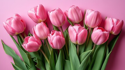 Obraz premium Bunch of Pink Tulips on Pink Background for Decor and Design 