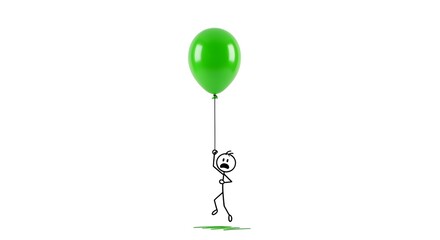 Stick Figure's Dizzying Ascent: A Whimsical Portrayal of Being Carried Away by a Large Green Balloon