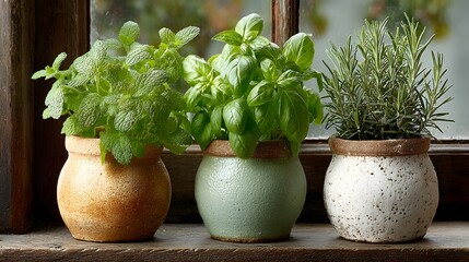 Three potted herbs on a windowsill.