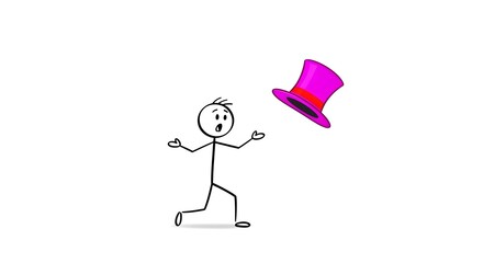 Stick Figure's Surprise as a Vibrant Pink Top Hat Floats Away, Capturing a Moment of Unexpected Loss and Whimsy Against a Clean White Background