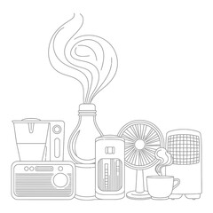 Collection of vintage electronic appliances and a steaming bottle