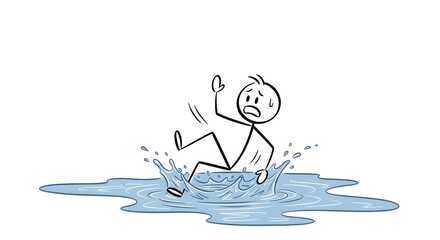 Stick Figure Cartoon Man Slips and Falls in a Puddle, Illustrating Accidents, Mistakes, and Unforeseen Challenges in a Simple Style