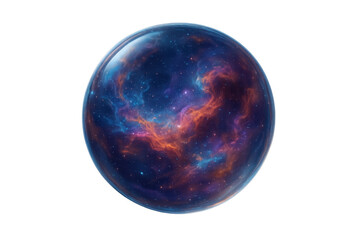 Transparent glass orb holding swirling cosmic nebula, spinning softly against white backdrop, representing astronomical visualization concepts