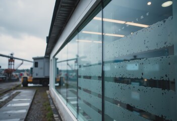 Steel plant environmental monitoring station with rain-soaked windows