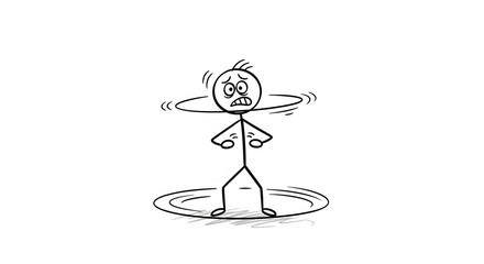 Cartoon Stickman Character Experiencing Dizziness and Vertigo, Representing Confusion, Instability, or Being Overwhelmed