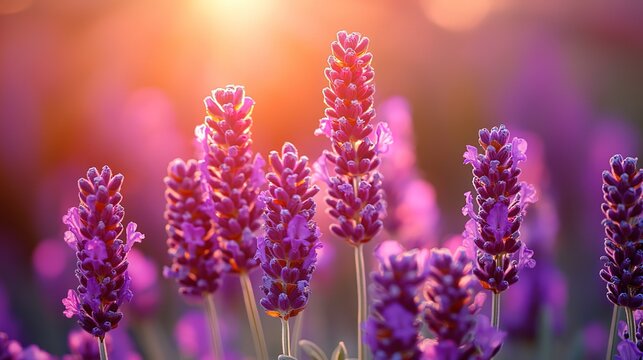 Lavender Flowers in Soft Sunset Light with Bokeh Background - Powered by Adobe