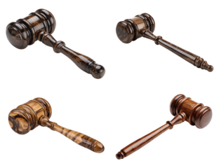 Four wooden judge gavels are isolated on a transparent background symbolizing law and justice