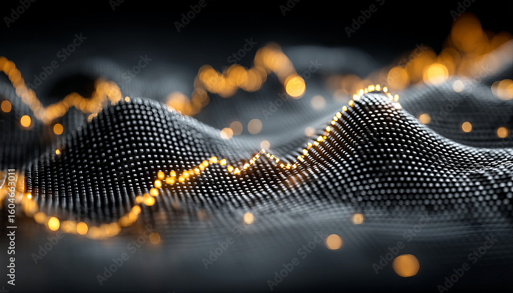 Poster digital data visualization with glowing orange line chart black dotted surface creating dynamic tech