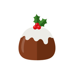 A christmas pudding with white icing and holly berries on top isolated on a white background