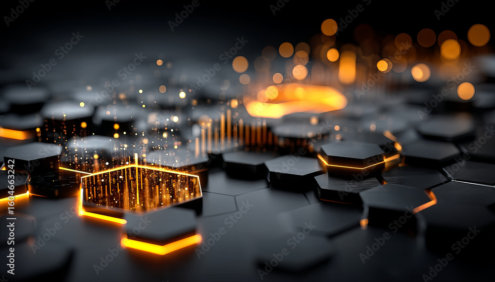 Poster hexagon mesh with glowing orange light and digital data points creating futuristic technology backgr