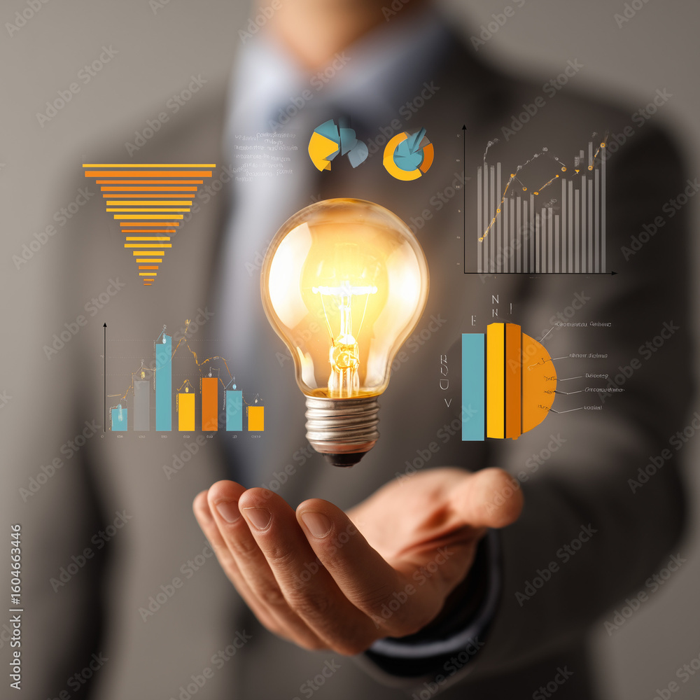 Poster grasping brilliant business idea with glowing lightbulb and data analytics charts