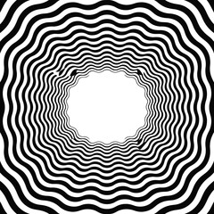 Hypnotic black and white optical illusion tunnel with concentric waves