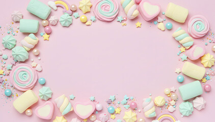 Candy and star sugar frame on pink pastel background