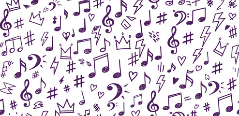 Bright pink seamless pattern with crayon drawn musical notes, lightnings, hearts and stars. Hand drawn musical background.