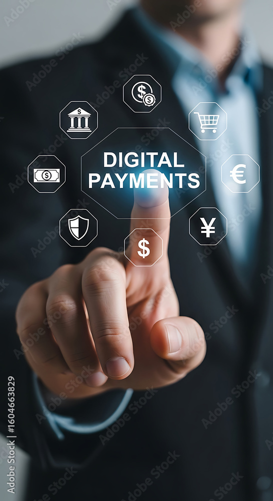 Poster man in suit interacting with digital payments interface