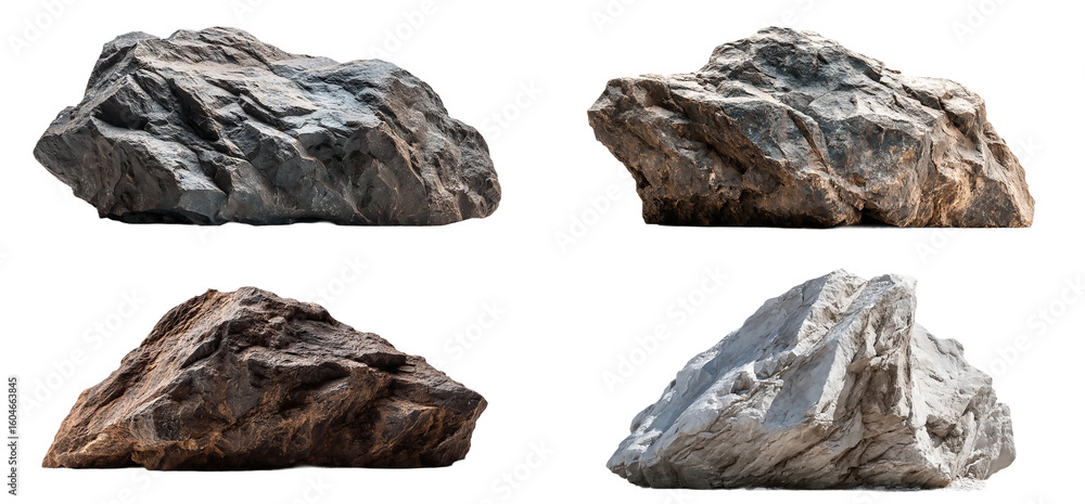 Poster four uniquely shaped stones with varied textures isolated on a clean white backdrop isolated on tran