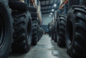 Heavy machinery tire storage warehouse filled with large tires