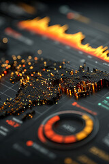 Futuristic data interface with glowing orange graph overlays and digital map visualization showing dynamic analytics