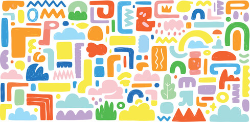 Fototapeta premium Collection of funky doodle childish style figures and geometric shapes drawn by colored crayon.
