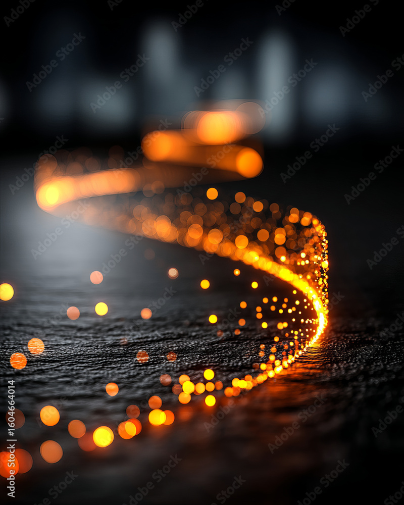 Poster glowing orange light trail with bokeh effect on dark textured surface creating dynamic abstract flow