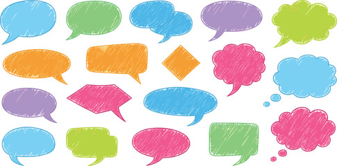 Colorful crayon drawn cute speech bubbles. Hand drawn chalk pencil dialog balloons.